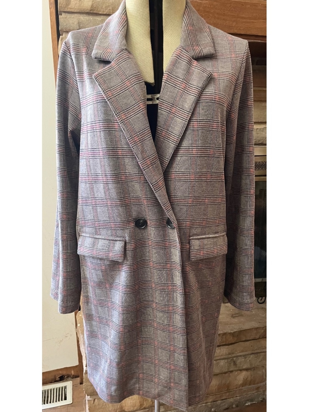 Philosophy Large Women's Plaid Long Blazer Coat with Button Closure